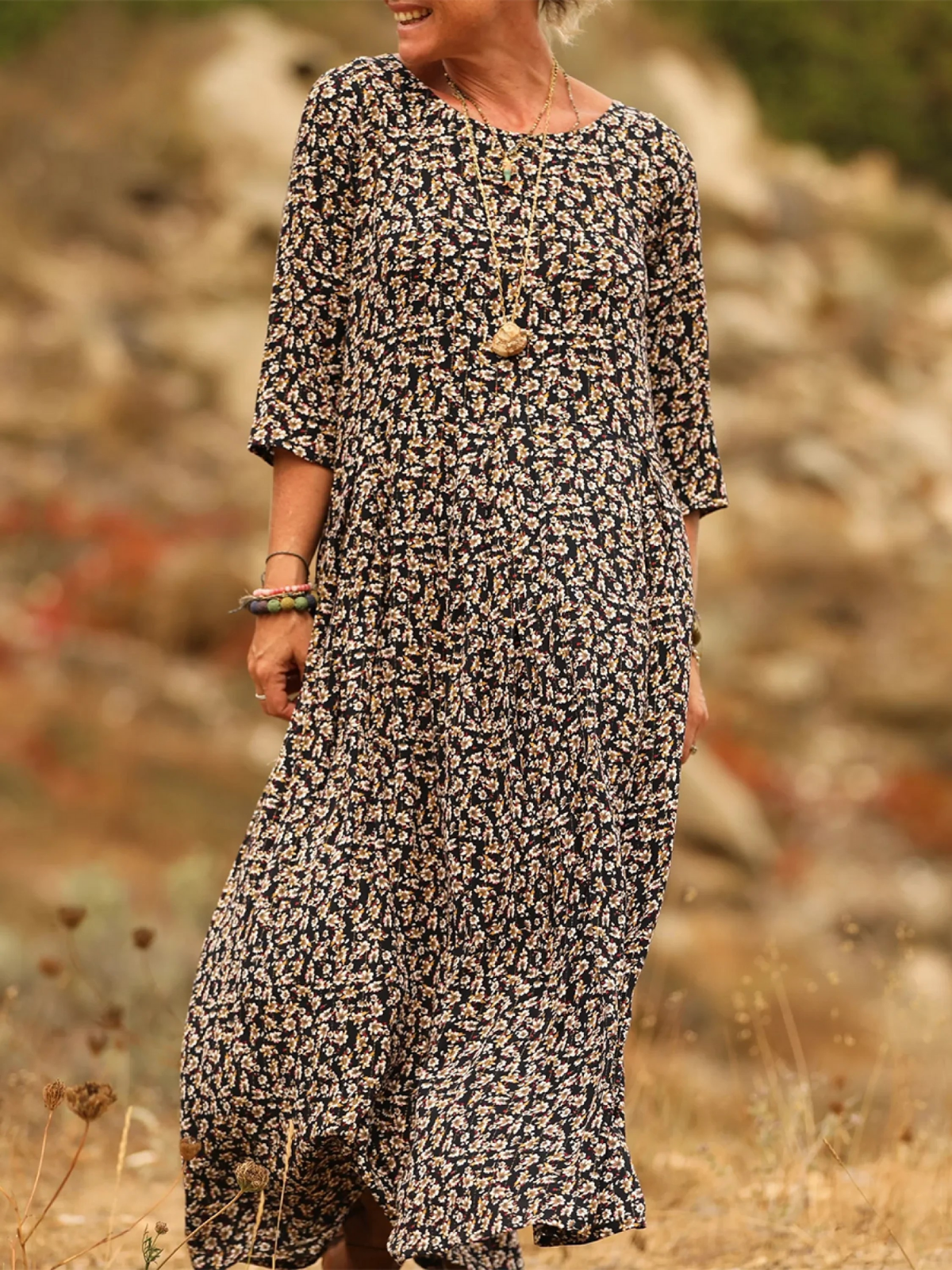 Elena Comfortable Pleated Cotton and Linen Dress