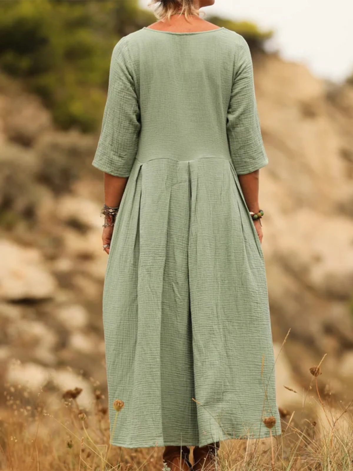 Elena Comfortable Pleated Cotton and Linen Dress