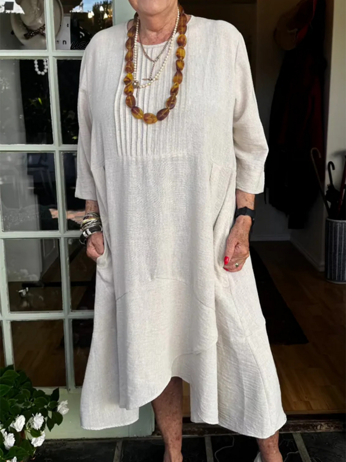 Accordion Pleated Irregular Hem Linen Dress