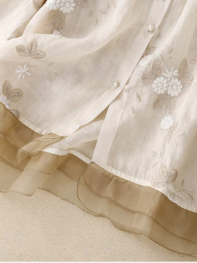 Art Retro Embroidery 3/4 Sleeve Patchwork Shirt