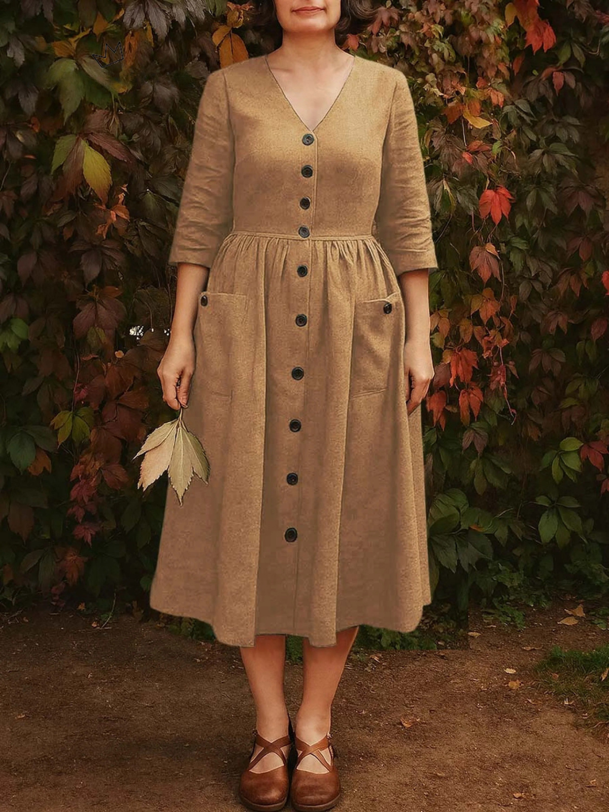 Women's Solid Color V-Neck 3/4 Sleeve Casual Loose Cotton and Linen Dress