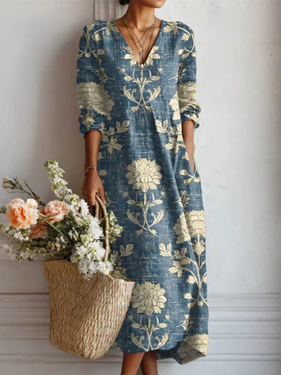 Women's Vintage Flower Art Print Linen Pocket Tunic Dress