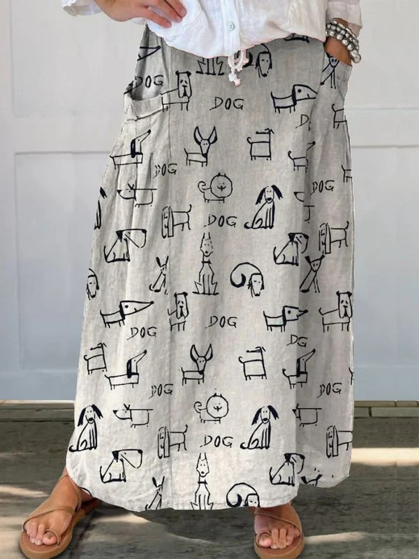 Women's Cute Dog Art Print  Linen Pocket Skirt
